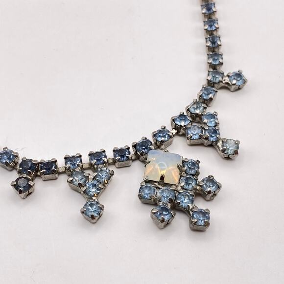 Vintage Art Deco Style Blue Prong Set Crystal Glass Necklace 16" - Picture 6 of 11